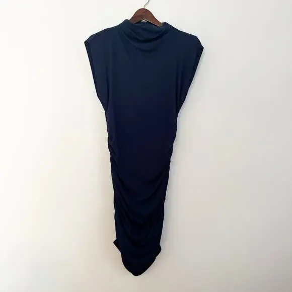 ANTHROPOLOGIE Michael Stars Gia Ribbed Power Shoulder Dress Navy Blue Medium M - Picture 4 of 8
